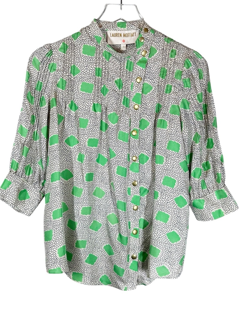 LAUREN MOFFATT Women's Small Patterned Silk Short Sleeve Button Down Blouse